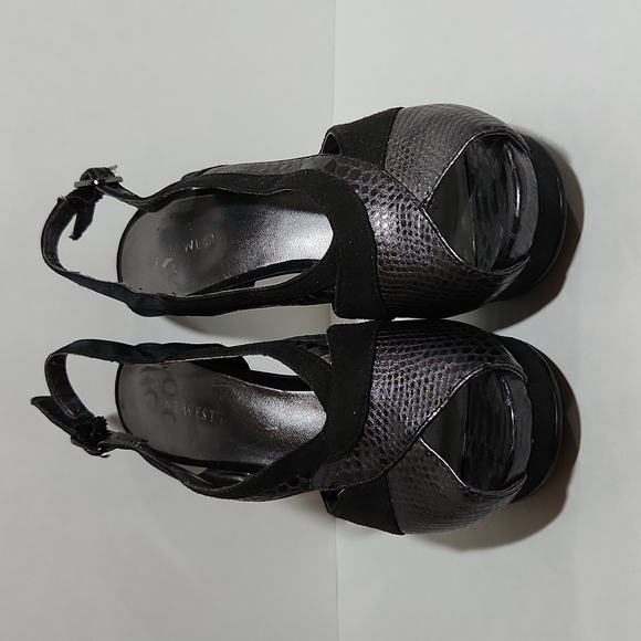 Nine West Women's Black Snakeskin Suede Slingback Peep Toe Cut-Out Heels Size 5 - Picture 1 of 5